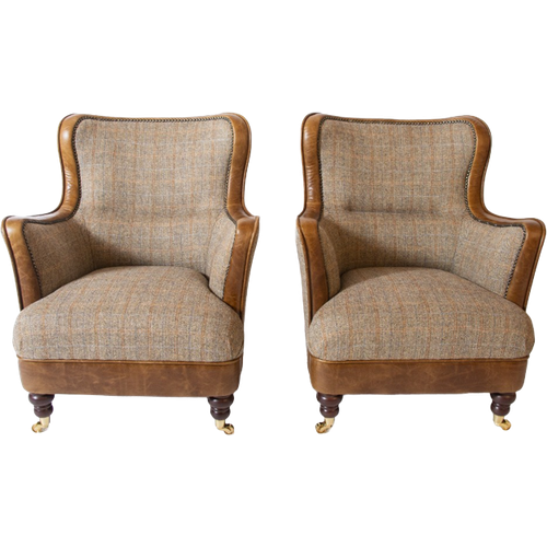 2 X Chesterfield Fauteuils Schots Stof Met Cognac Leer