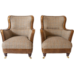 2 X Chesterfield Fauteuils Schots Stof Met Cognac Leer