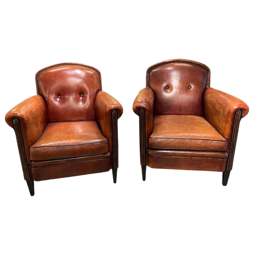 2 X Schapenleren Clubfauteuils Art Deco Stijl Lounge Atelier Cognac