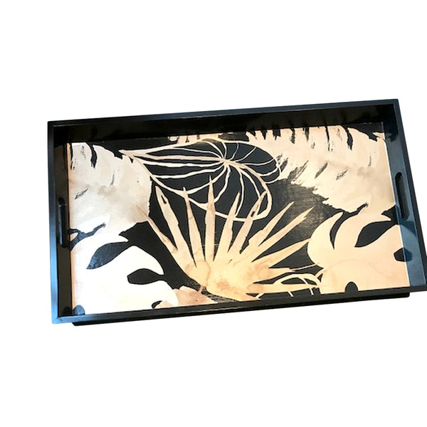 Houten Dienblad Zwart Met Palmleaves Goud Hollywood Regency - RELIVING