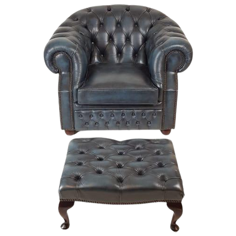 * Chesterfield Fauteuil Met Hocker Klassiek Blauw