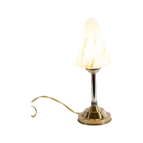 Classic Art Deco Table Lamp | White Marbled Glass | Chrome Base | 1920'S