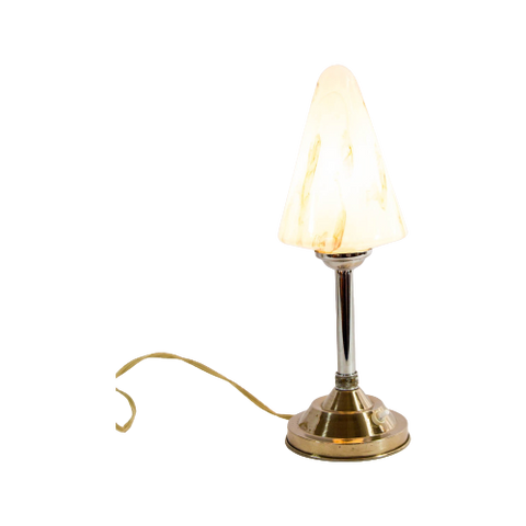 Classic Art Deco Table Lamp | White Marbled Glass | Chrome Base | 1920'S