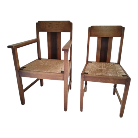 Eiken Art Deco Amsterdamse School Fauteuils Jaren’20, Inclusief Tafel.