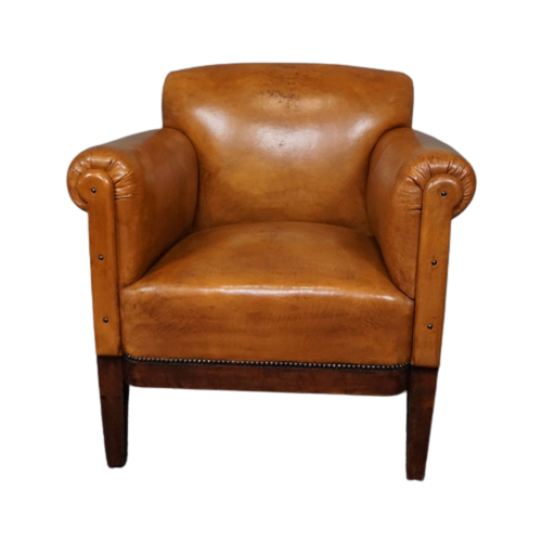 Geweldige Antieke Art Deco Schapenleren Fauteuil