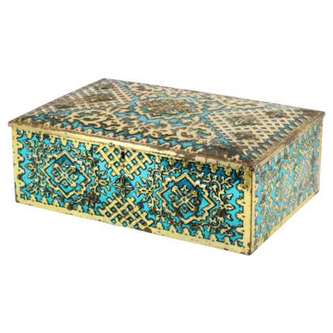 Grote Oude Karaktervolle Blikken Doos Turquoise Goud Reliëf 39Cm