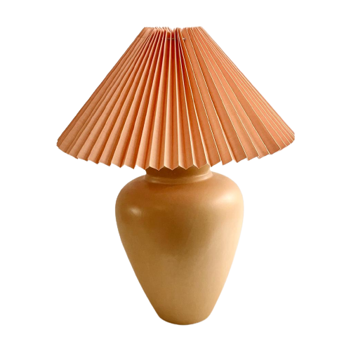 Grote Terracotta Lamp Met Perzik Plisse Kap