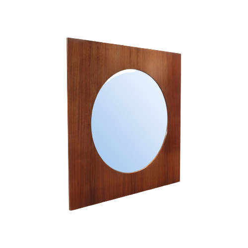 Large Teak Wooden Mirror, Round With A Square Frame, 1960S.