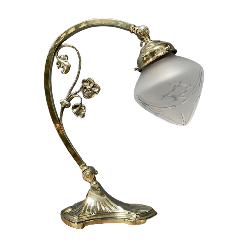 Messing Art Nouveau Bureaulamp Met Geslepen Glazen Kap