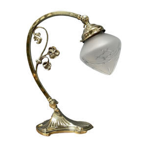 Messing Art Nouveau Bureaulamp Met Geslepen Glazen Kap