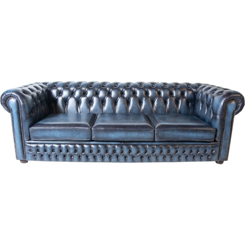 Originele Engelse Xl Chesterfield 3 Zits Bank Antiek Blauw