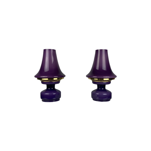 Pair Of Purple Glass Mushroom Table Lights B-124 By Hans Agne Jakobsson For Ab Markaryd