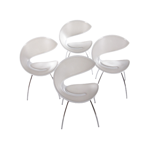 Set Italiaanse Eetkamerstoelen Model Twist Met Leer En Chrome Poten.