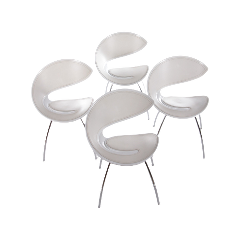 Set Italiaanse Eetkamerstoelen Model Twist Met Leer En Chrome Poten.