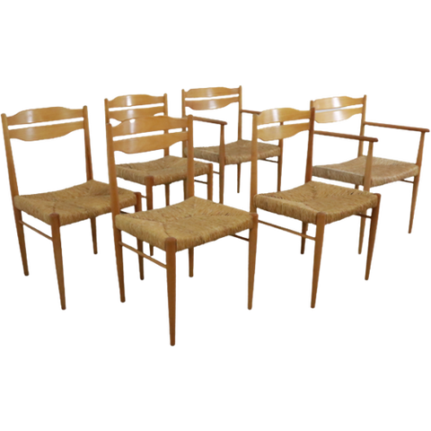 Set Van 6 Eetkamerstoelen Met Rattan "Flechtheims"