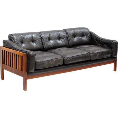 Solid Rio Rosewood Black Leather Design Sofa By Ingvar Stockum