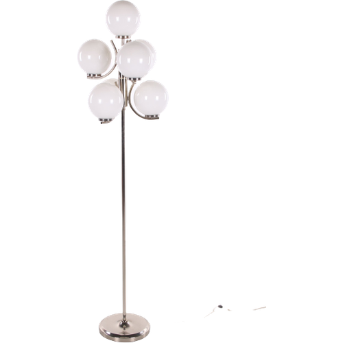 Vloerlamp Chrome Met 7 Witte Glazenbollen.