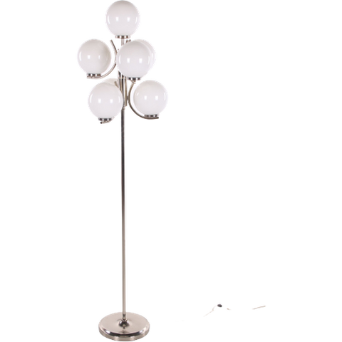 Vloerlamp Chrome Met 7 Witte Glazenbollen.