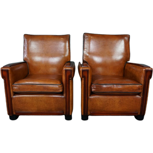 Zeer Unieke Set Schapenleren Artdeco Fauteuils, Nieuw Bekleed